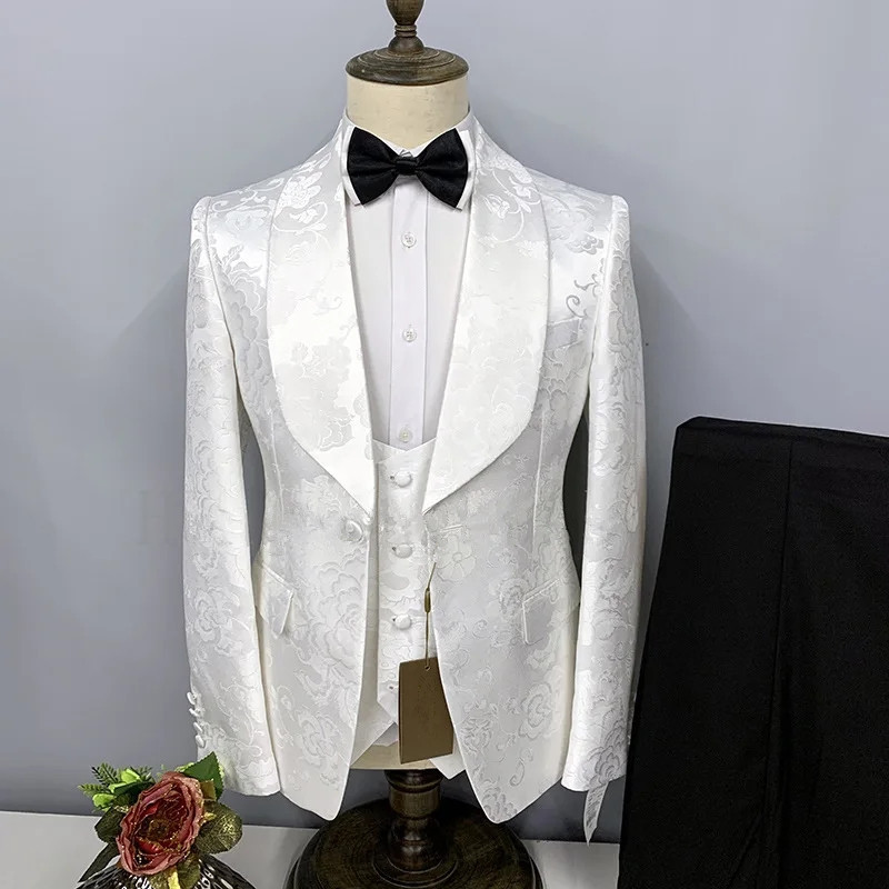 White Jacquard Shawl Lapel Slim Fit Wedding Suits-BMbridal