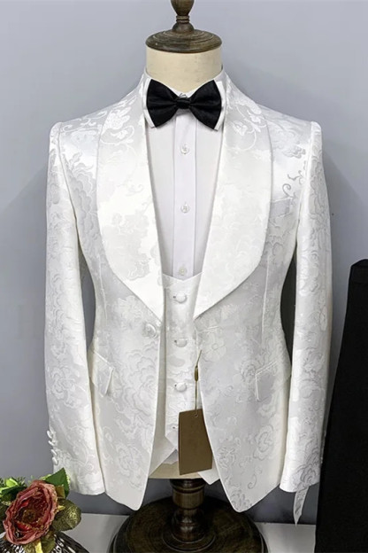 White Jacquard Shawl Lapel Slim Fit Wedding Suits-BMbridal