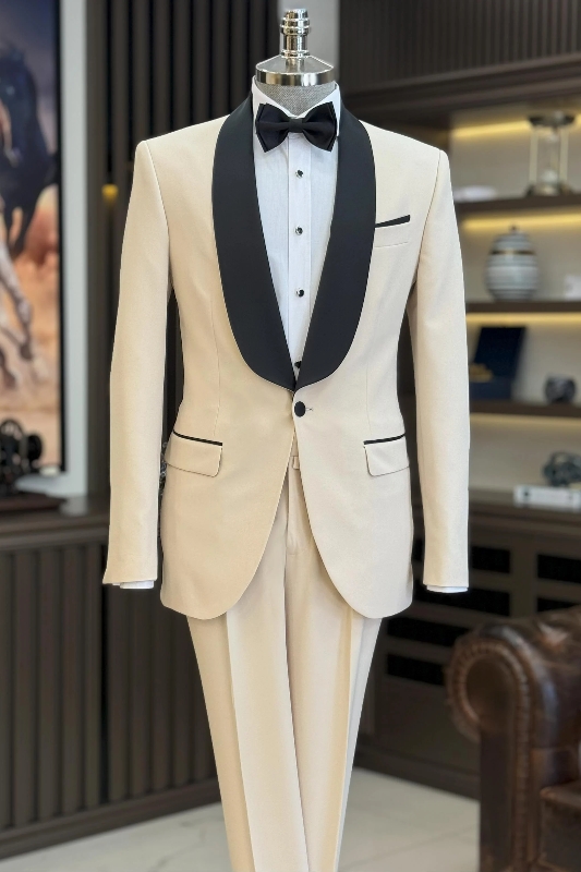 Beige Wedding Men Suits With Black Shawl Lapel-BMbridal