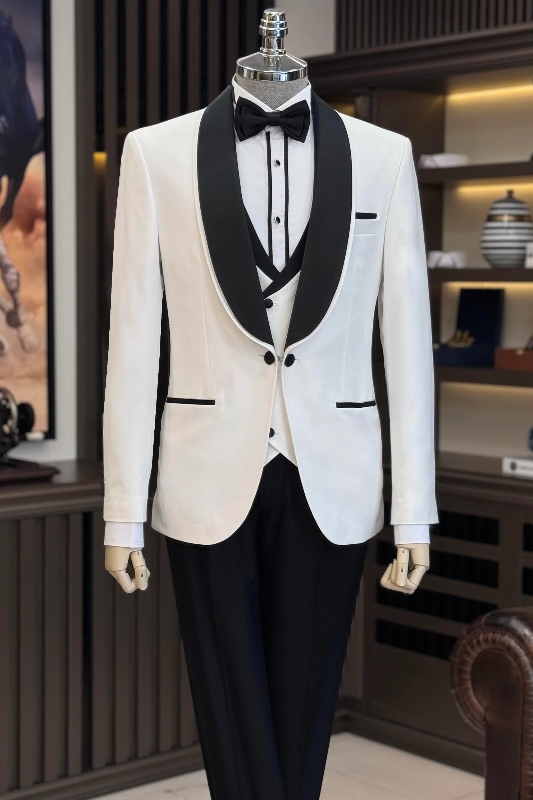 White Shawl Lapel Three Pieces Wedding Men Suits-BMbridal