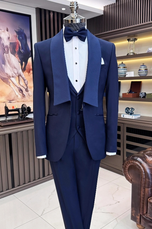 Dark Blue Shawl Lapel Three Pieces Wedding Men Suits-BMbridal