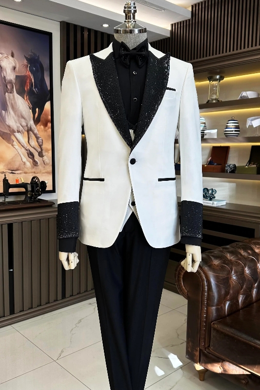 White Three Pieces Men Suits With Sequins Peaked Lapel-BMbridal