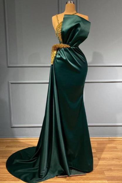 BMbridal Dark Green Mermaid Prom Dress With Gold Beads