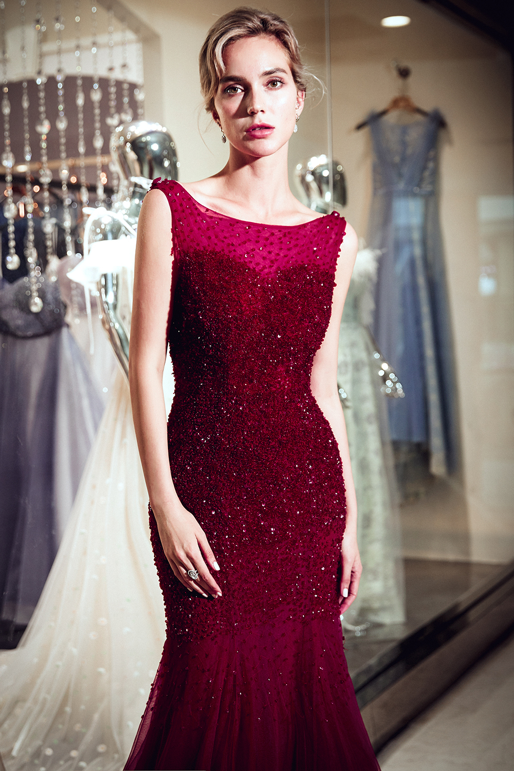 BMbridal Gorgeous Mermaid Sleeveless Prom Dresses Sequined Tulle Burgundy Formal Dresses Online