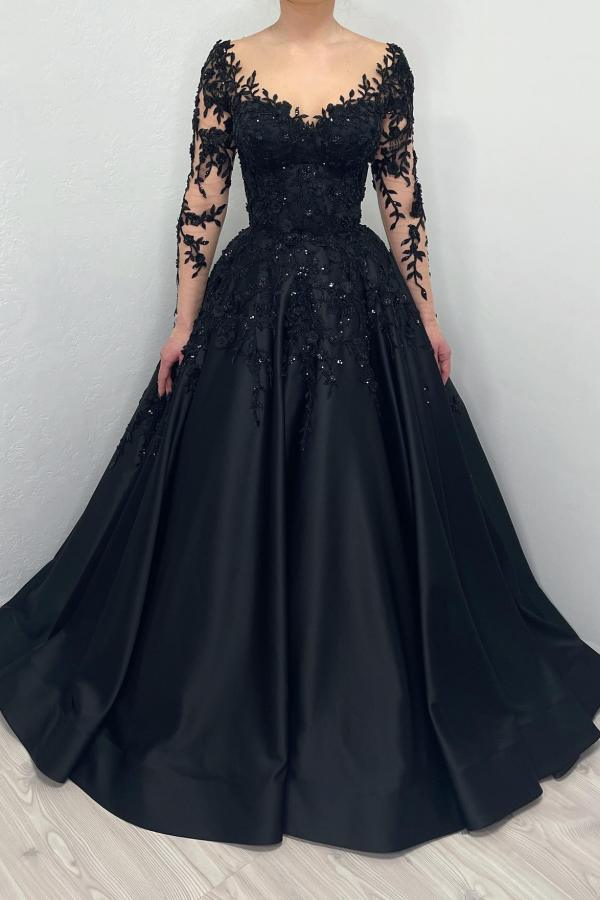 Bmbridal Black Long Sleeves Wedding Reception A-Line With Appliques-BMbridal
