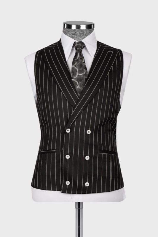 Black Striped Peaked Lapel Three Pieces Business Men Suits-BMbridal