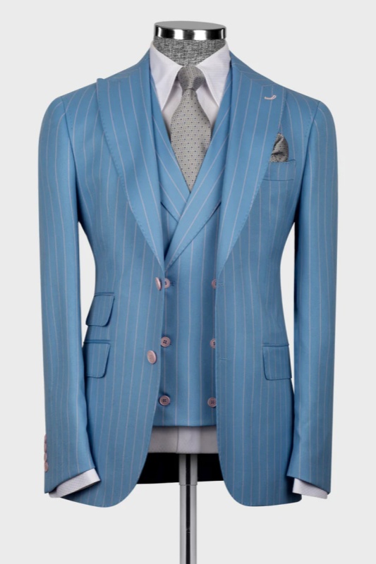Ocean Blue Striped Peaked Lapel Three Pieces Business Men Suits-BMbridal