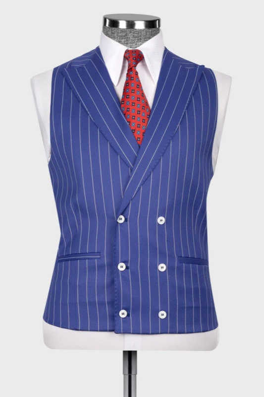 Blue Striped Peaked Lapel Three Pieces Business Men Suits-BMbridal