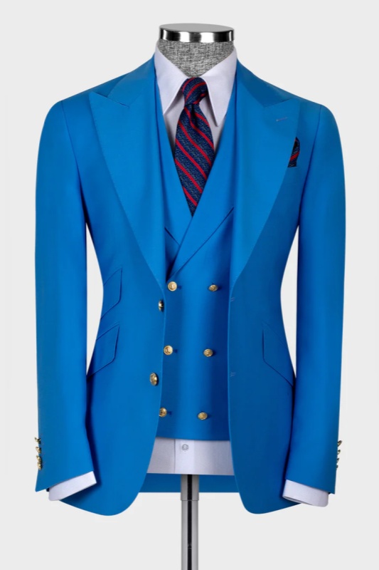 Ocean Blue Peaked Lapel Three Pieces Wedding Men Suits-BMbridal