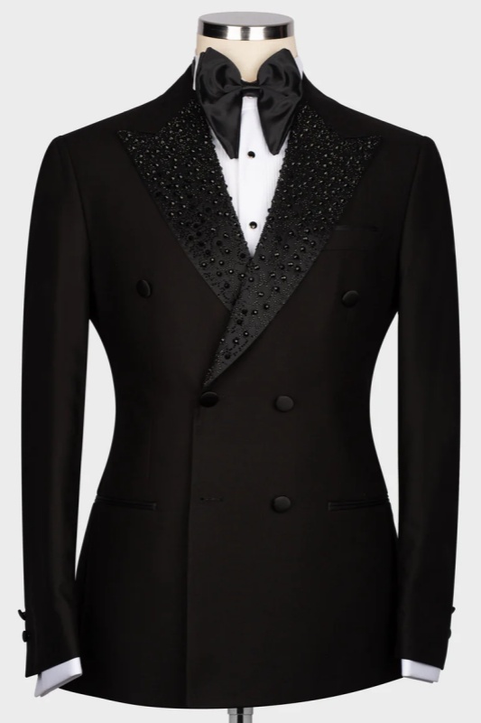 Black Double Breasted Wedding Men Suits With Sequins Peaked Lapel-BMbridal