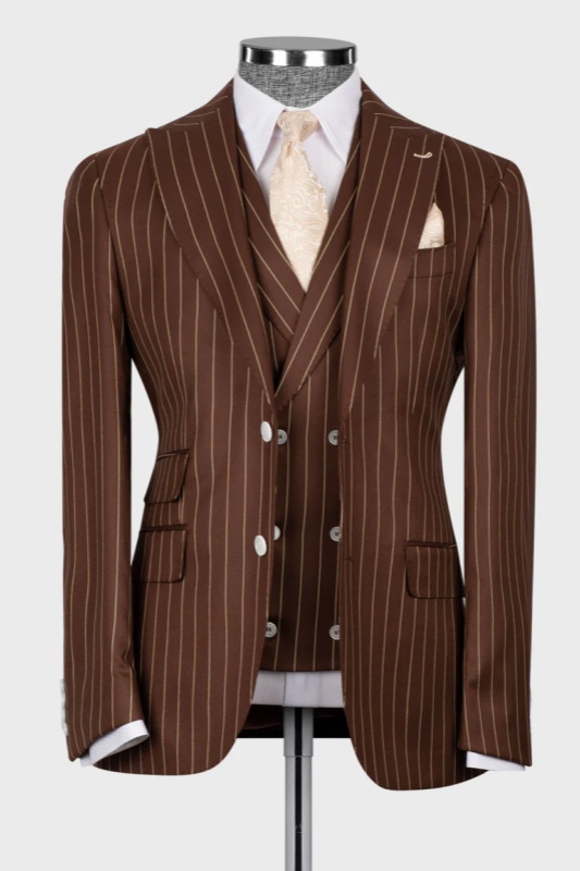 Brown Striped Peaked Lapel Three Pieces Business Men Suits-BMbridal