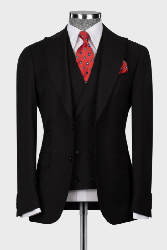 Black Peaked Lapel Three Pieces Business Men Suits-BMbridal