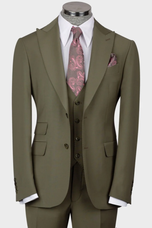 Green Peaked Lapel Three Pieces Business Men Suits-BMbridal