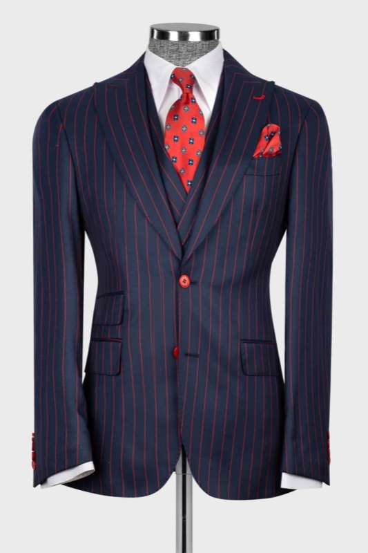 Dark Blue Striped Peaked Lapel Three Pieces Business Men Suits-BMbridal