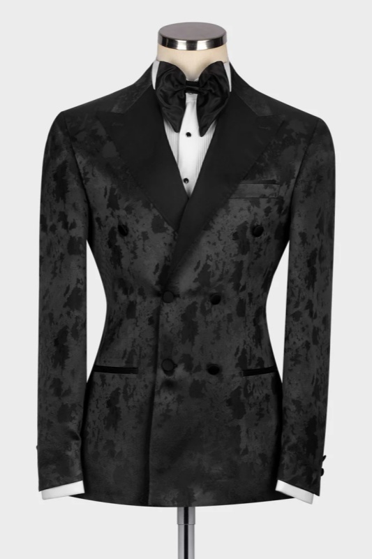 Black Jacquard Peaked Lapel Double Breasted Wedding Men Suits-BMbridal