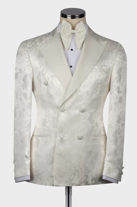 White Jaquard Peaked Lapel Double Breasted Wedding Men Suits-BMbridal
