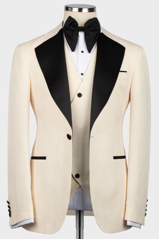 Champagne Three Pieces Wedding Suits With Black Notched Lapel Wedding Party Groom Blazer Vest Pants-BMbridal