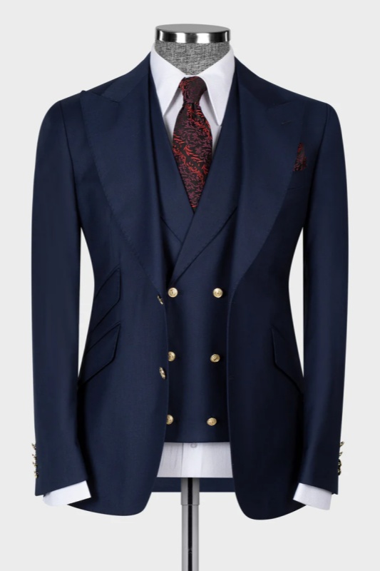 Dark Navy Peaked Lapel Three Pieces Business Men Suits-BMbridal