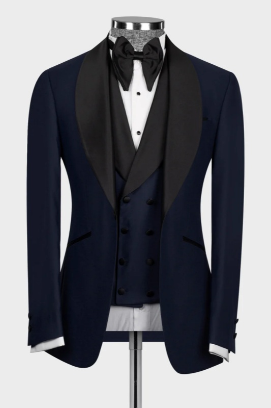 Dark Navy Shawl Lapel Three Pieces Wedding Men Suits-BMbridal