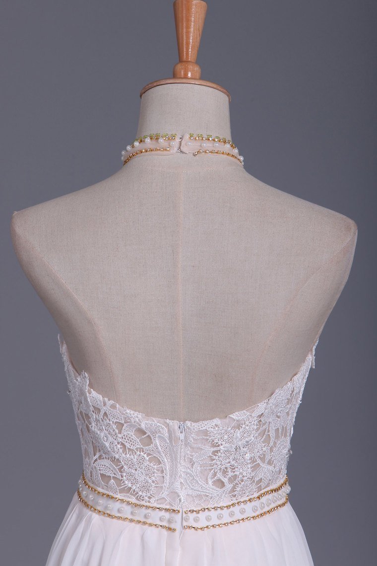 Gorgeous Chiffon A-Line Floor-Length Backless Halter Wedding Dress with Ruffles Pearl Lace