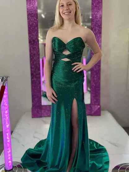 Light Yellow Mermaid Strapless Keyholes Prom Dress with Beads