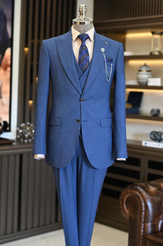 Blue Peaked Lapel Three Pieces Business Men Suits-BMbridal