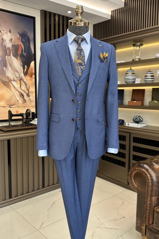 Ocean Blue Notched Lapel Three Pieces Business Men Suits-BMbridal