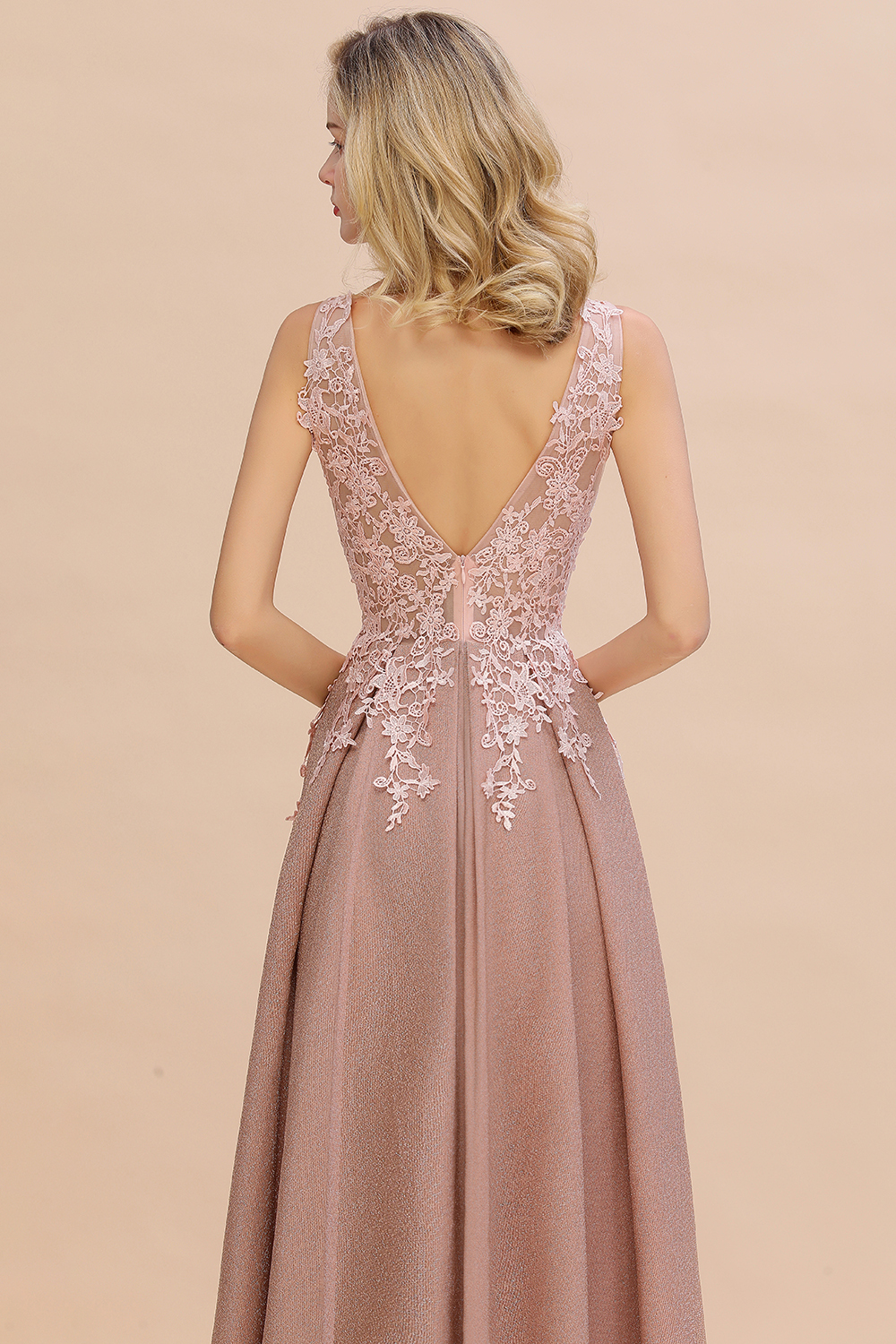 BMbridal Dusty Pink V-Neck Long Prom Dress With Lace Appliques Online