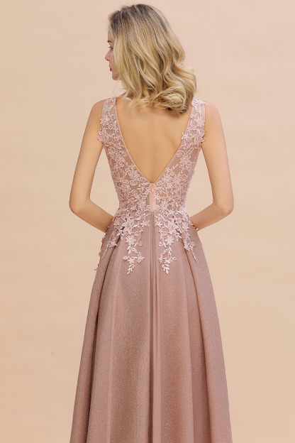 BMbridal Dusty Pink V-Neck Long Prom Dress With Lace Appliques Online