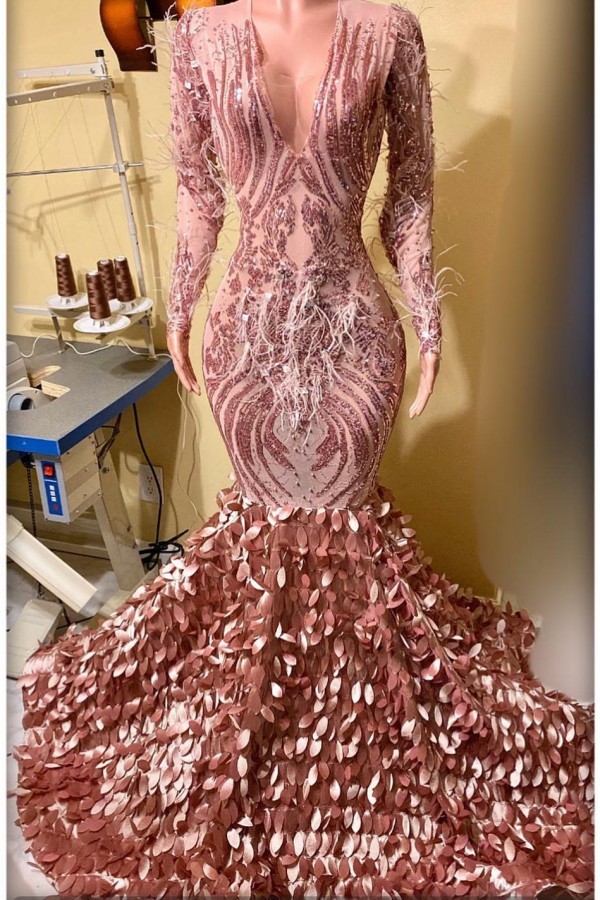 Bmbridal Pink Mermaid Prom Dress Long Sleeves V-Neck With Leaf Pattern Bottom
