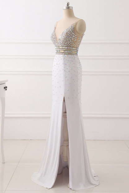 BMbridal Chic Chiffon V-Neck Rhinestones Prom Dresses with Front Slit On Sale