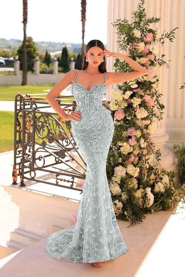 Spaghetti Strap Sleeveless Mermaid Appliques Long Prom Dress With Beadings