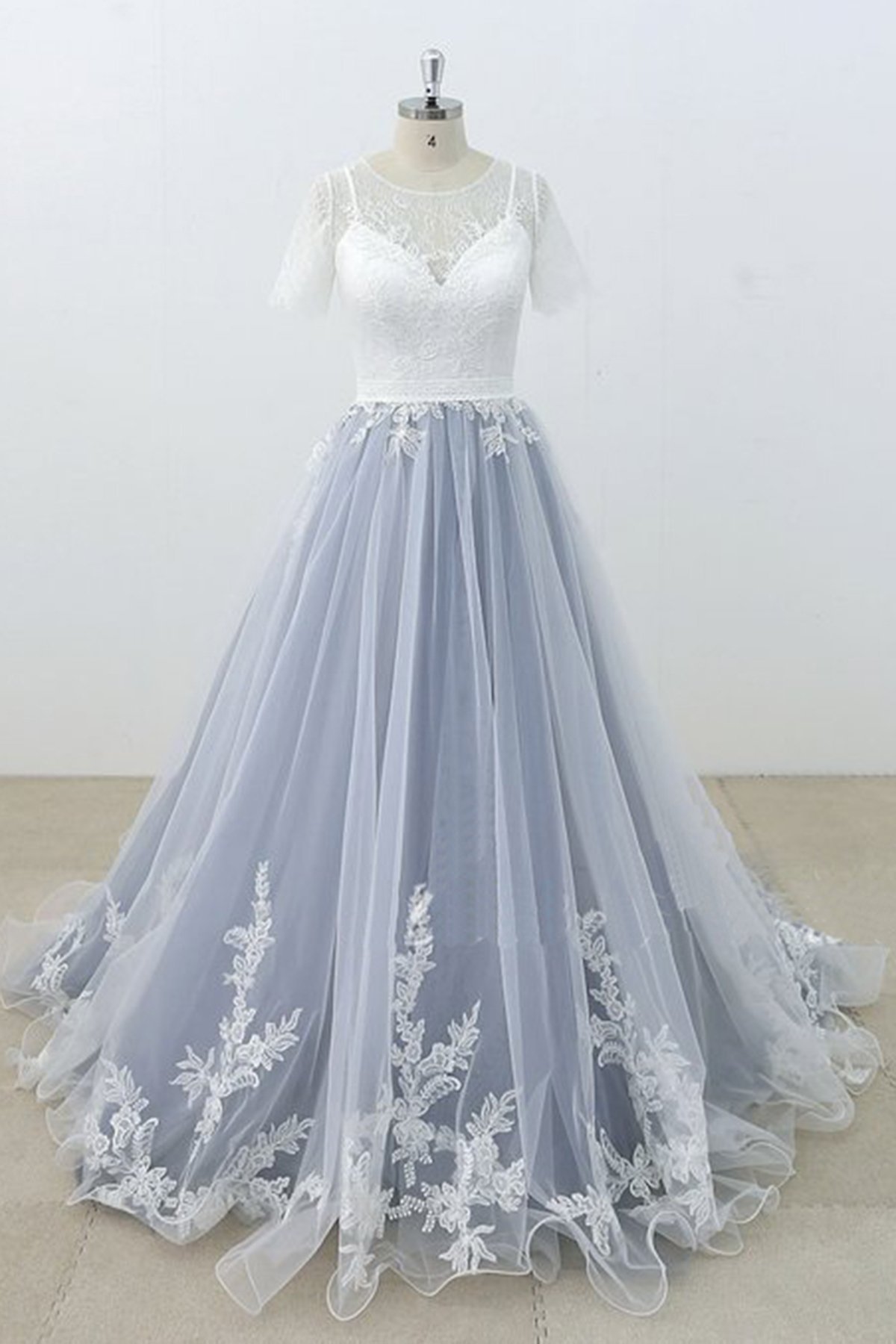 BMbridal AffordableBlue Gray Tulle Ivory Lace Wedding Dress Short Sleeve Beach Bridal Gowns On Sale