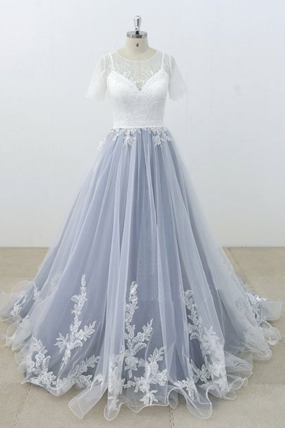 BMbridal AffordableBlue Gray Tulle Ivory Lace Wedding Dress Short Sleeve Beach Bridal Gowns On Sale