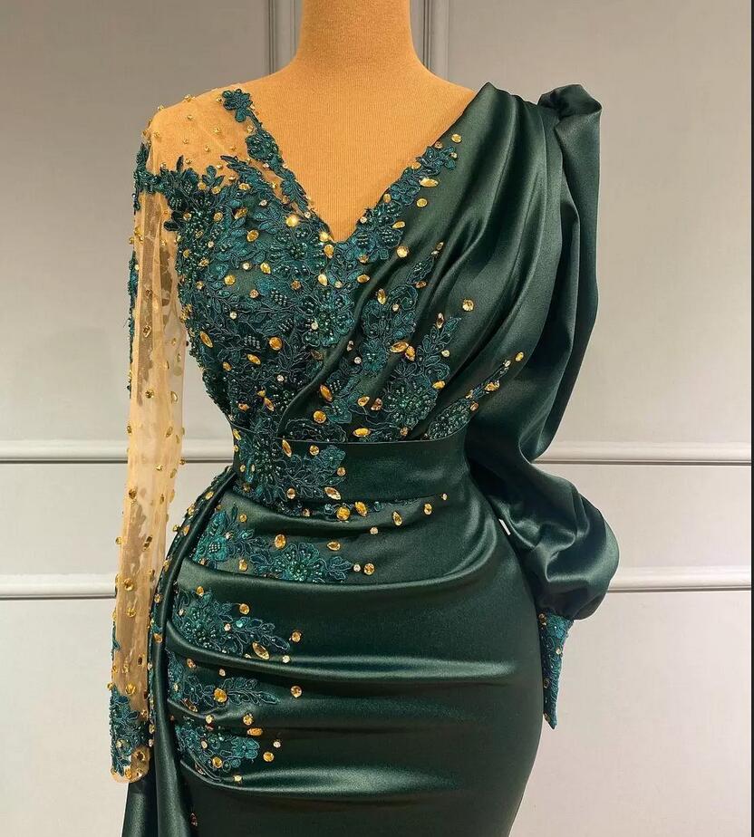 BMbridal Dark Green Long Sleeves Prom Dress Mermaid With Beadings