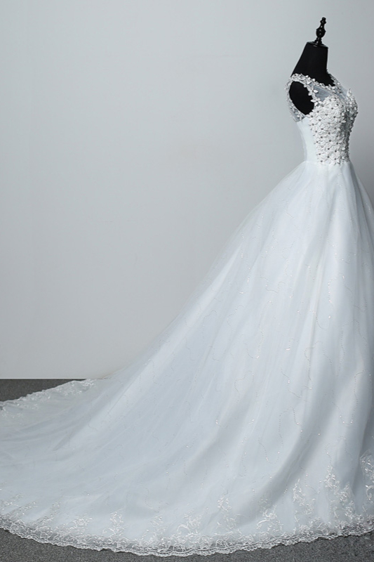 BMbridal Elegant Jewel White Tulle Ball Gown Wedding Dresses Sleeveless Appliques Bridal Gowns with Rhinestones-BMbridal