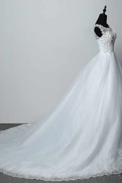 BMbridal Elegant Jewel White Tulle Ball Gown Wedding Dresses Sleeveless Appliques Bridal Gowns with Rhinestones-BMbridal