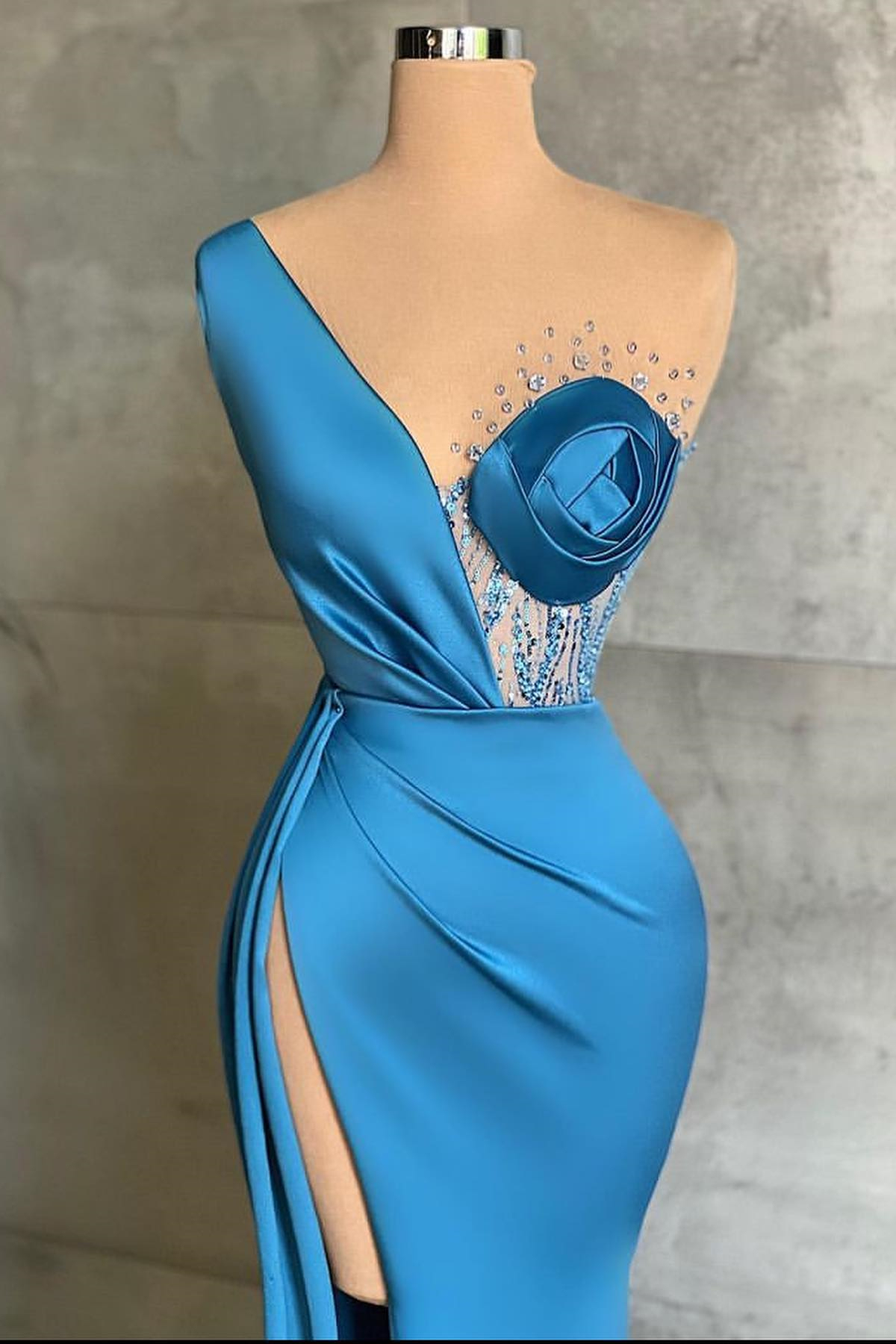 Bmbridal Ocean Blue Mermiad One Shoulder Prom Dress with Split