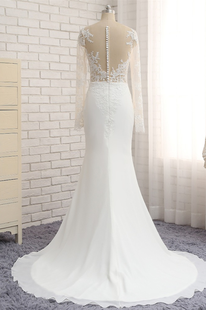 BMbridal Chic Jewel White Chiffon Lace Wedding Dress Long Sleeves Applqiues Bridal Gowns On Sale
