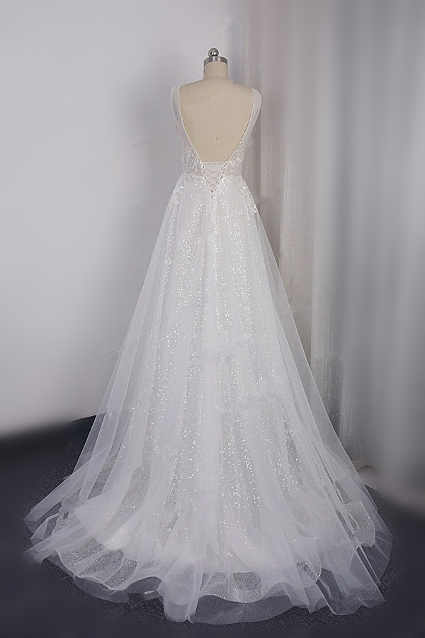 BMbridal Sparkly Sequined V-Neck Wedding Dress Tulle Sleeveless Beadings Bridal Gowns On Sale-BMbridal