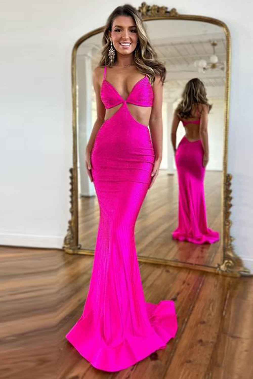 Glitter Yellow Spaghetti Straps Mermaid Cut-Out Long Prom Dress with Beading