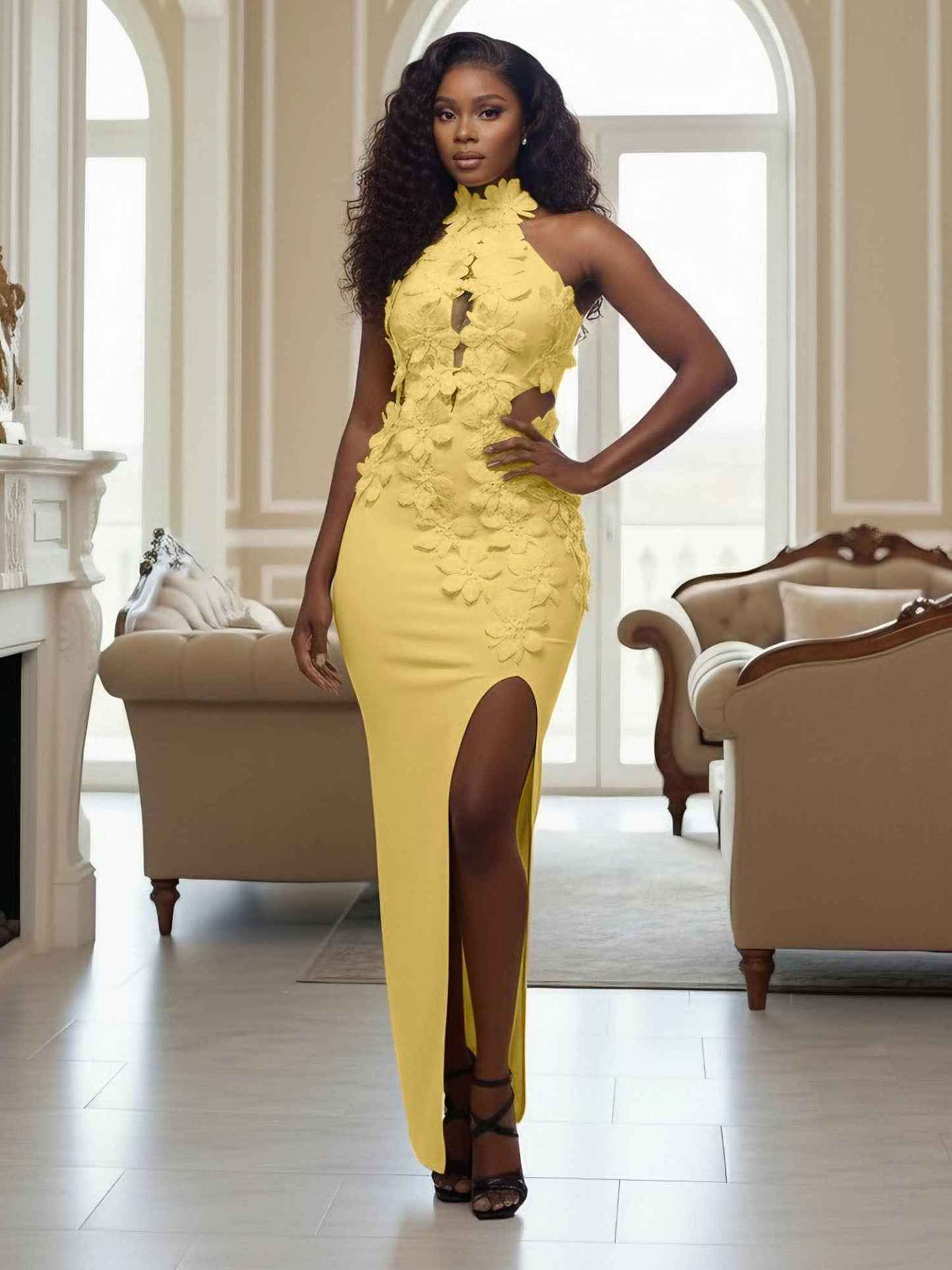 Yellow Halter Neck 3D Flower Mermaid Long Prom Dress with Slit