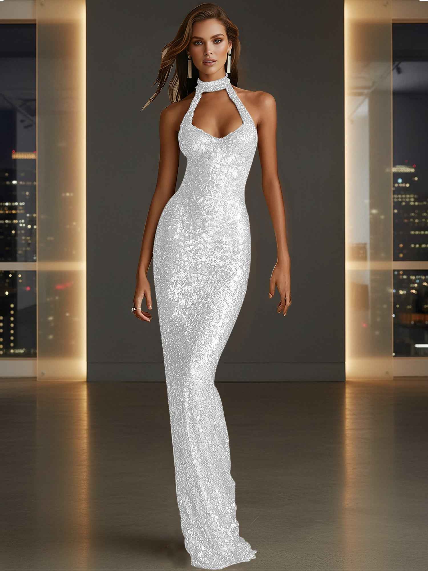 Glamorous Gold Sequin Halter Neck Mermaid Long Prom Dress