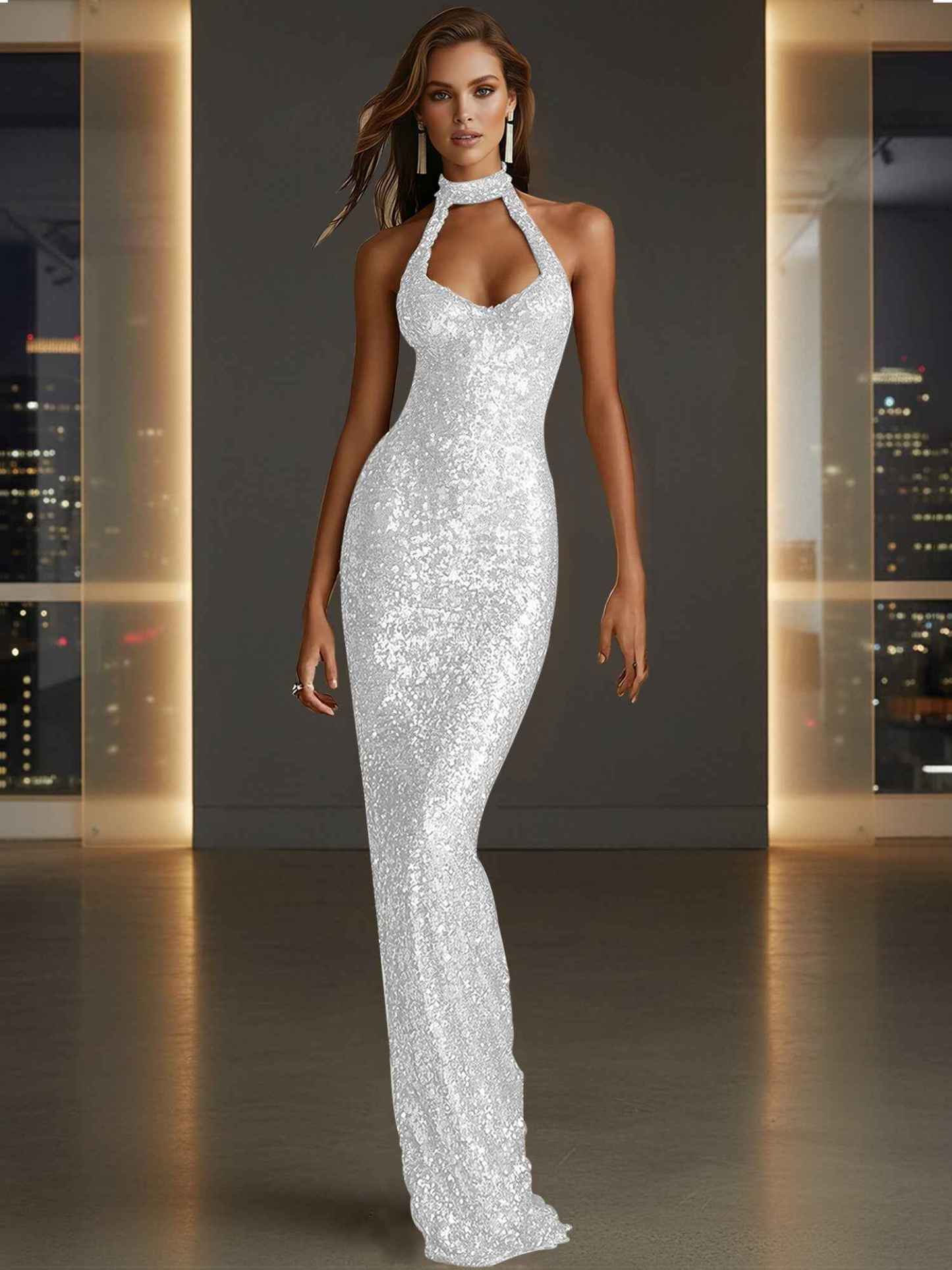 Glamorous Gold Sequin Halter Neck Mermaid Long Prom Dress