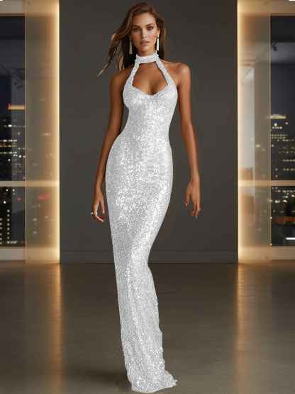 Glamorous Gold Sequin Halter Neck Mermaid Long Prom Dress