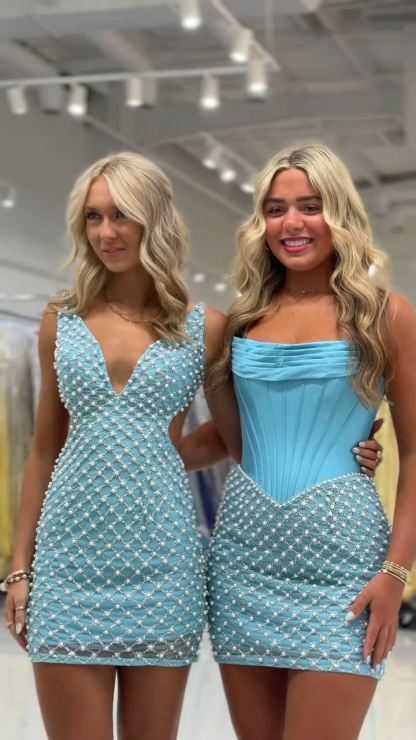 Deep V Neck Pearl Crystal Mesh Homecoming Dress Spaghetti Strap Bodycon Mini Open Back