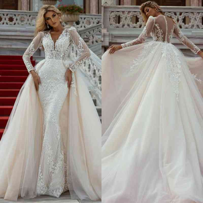 Bmbridal Long Sleeves Champagne Wedding Dress Lace Mermaid Overskirt-BMbridal