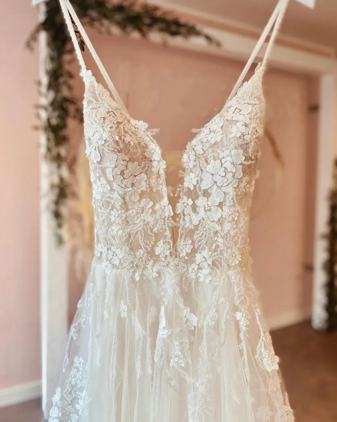 Modern Spaghetti Straps Backless Deep V Neck Long A Line Wedding Dress with Lace Tulle