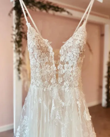 Modern Spaghetti Straps Backless Deep V Neck Long A Line Wedding Dress with Lace Tulle