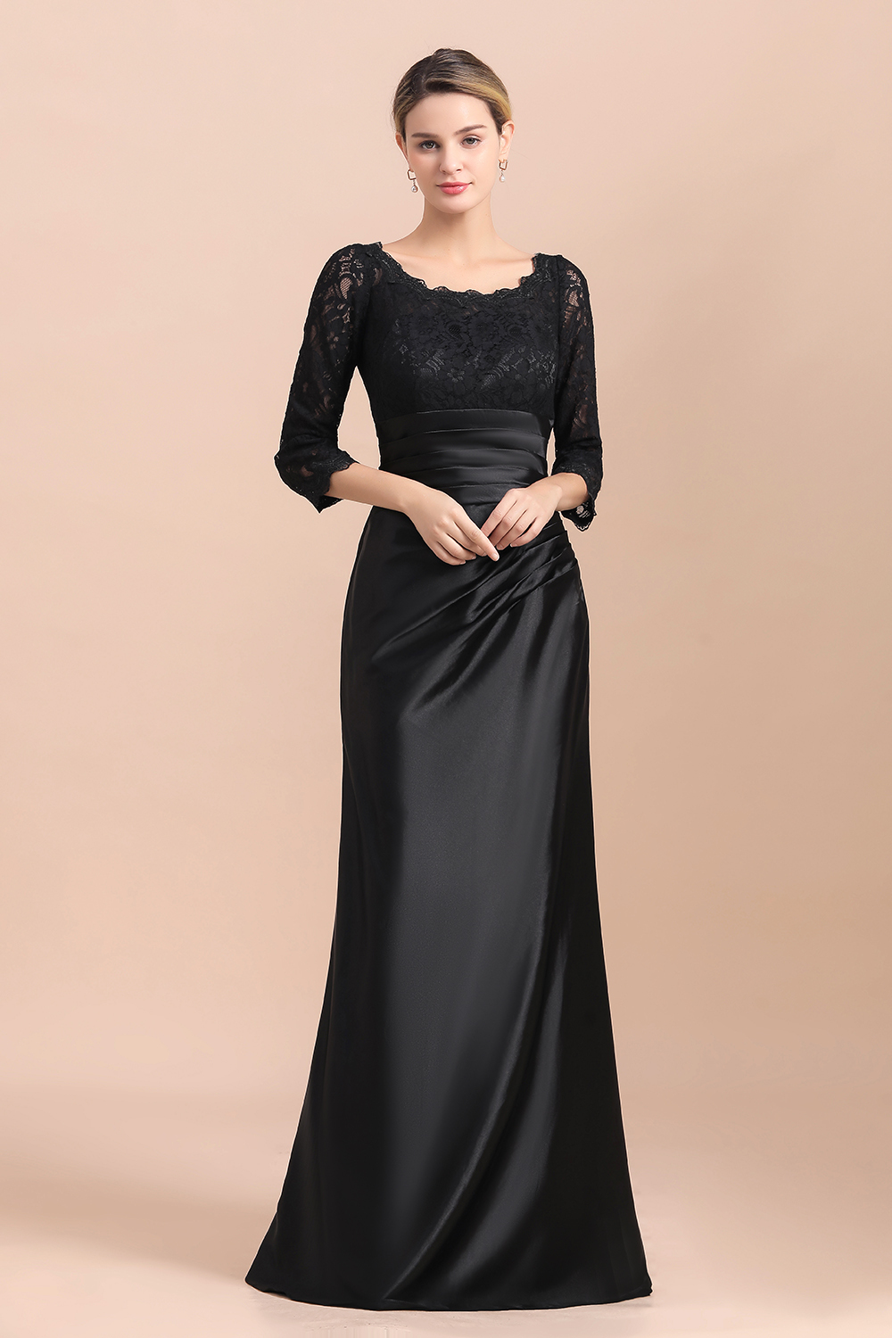 BMbridal Elegant Jewel 3/4 Sleeves Black Satin Lace Ruffles Mother of Bride Dress On Sale-BMbridal
